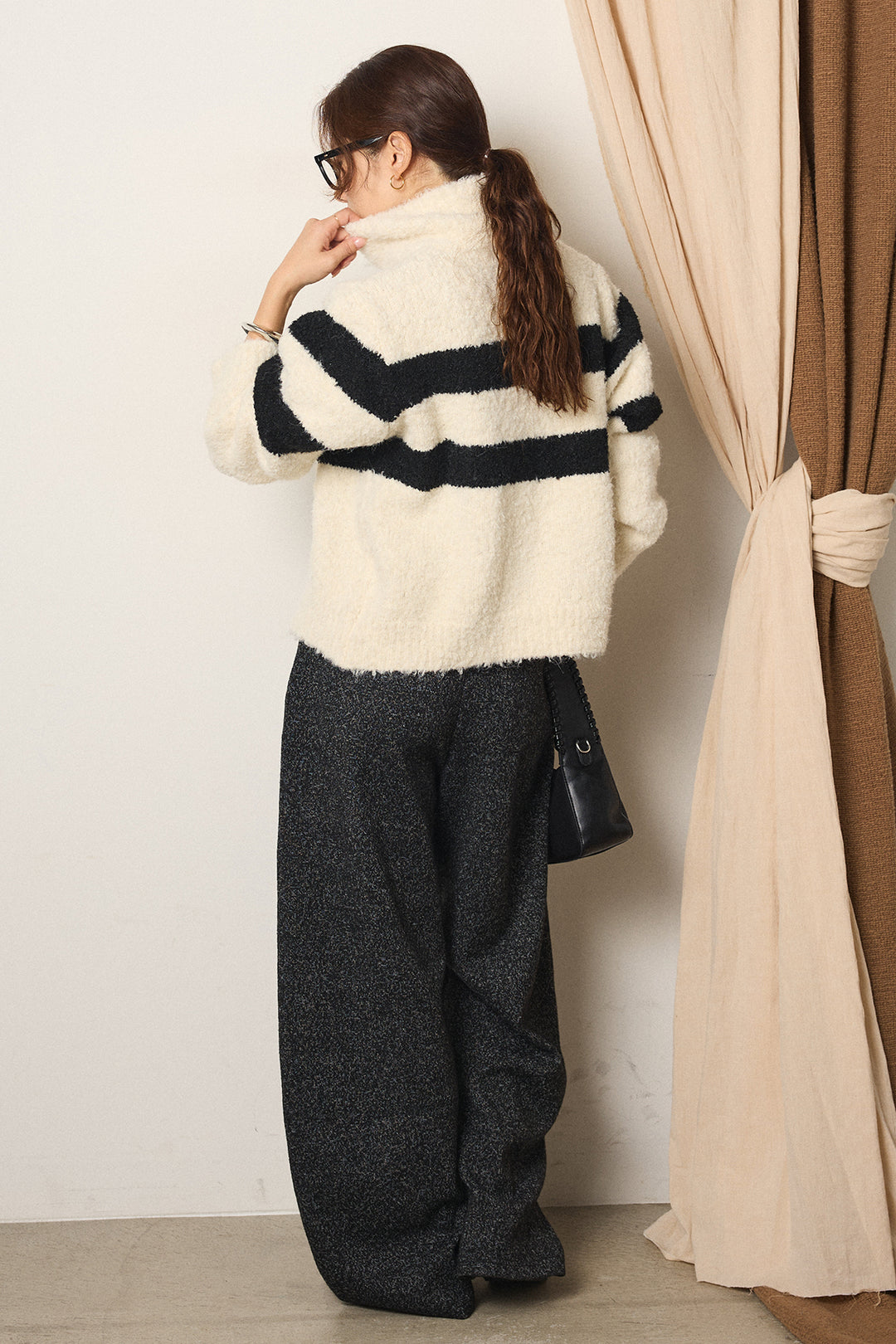 [SET]ハイネックボーダーニットカーディガン+杢ニットフレアパンツ(2set)