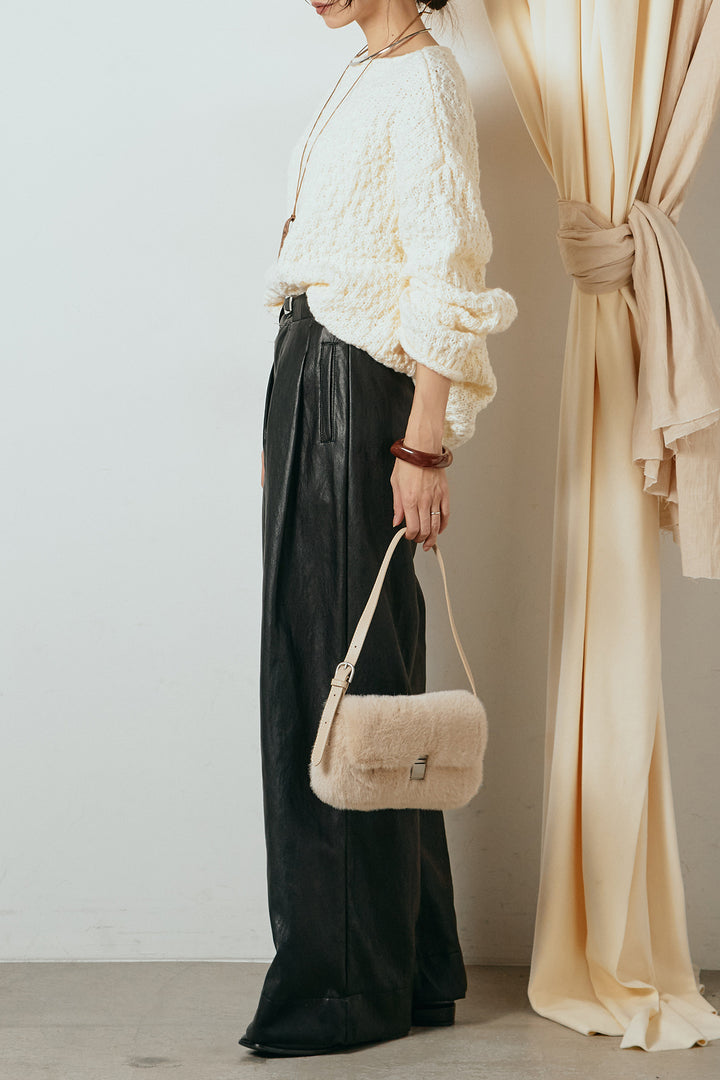 [SET]ボリューム編みニットプルオーバー+ベルト付きレザーライクタックパンツ(2set)