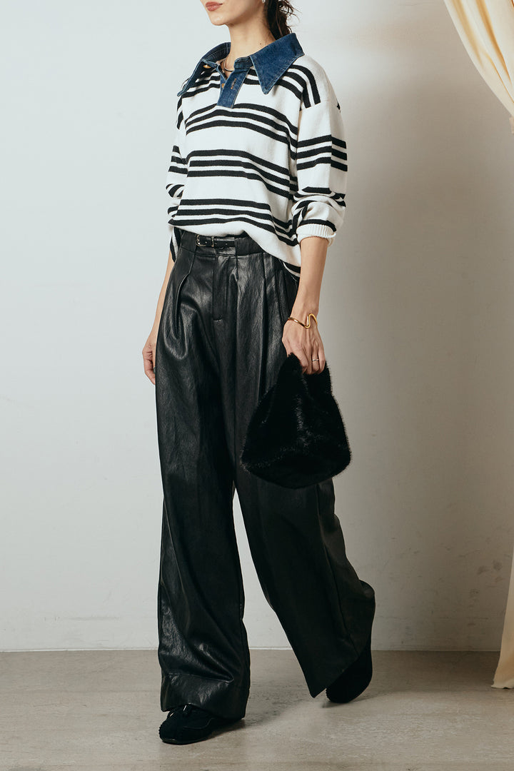 [SET]デニムレイヤード風ランダムボーダーニットプルオーバー+ベルト付きレザーライクタックパンツ(2set)