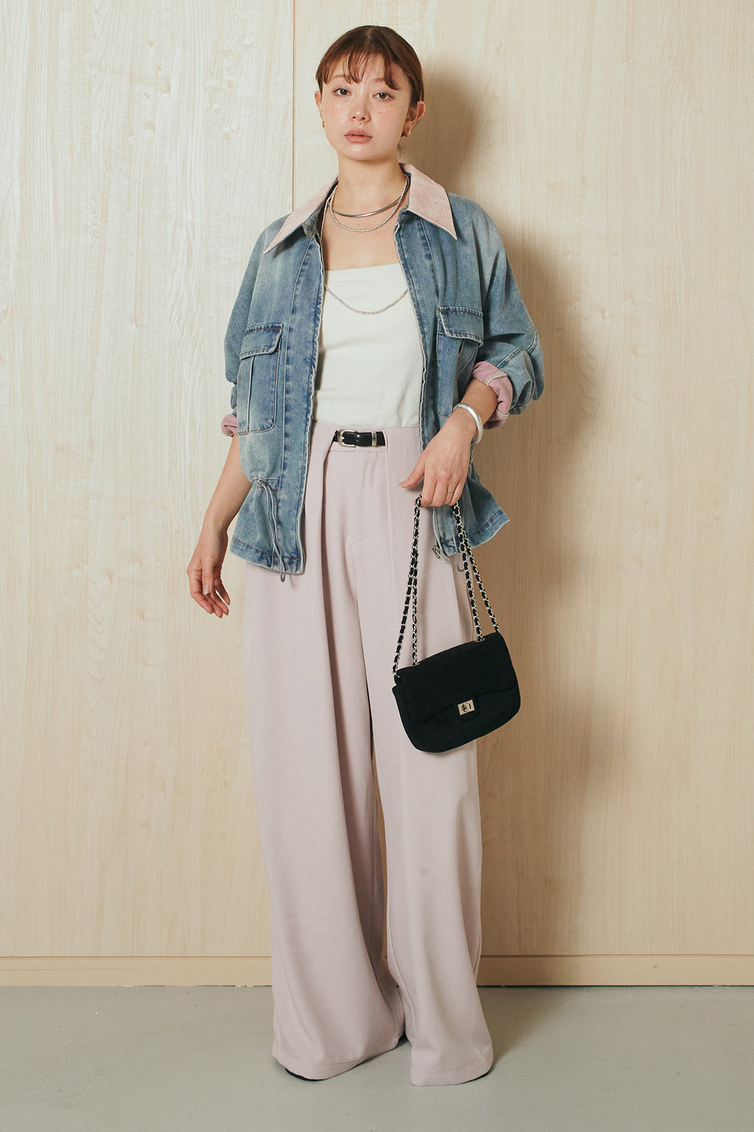 [SET]襟付き配色デニムブルゾン+ビックベルトループタックベルト付きワイドパンツ(2set)