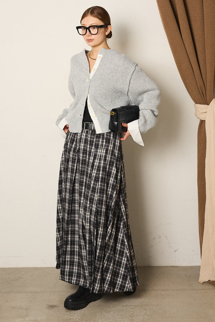 [SET]シャツドッキングニットカーディガン+ベルト付きタータンチェックプリーツスカート(2set)