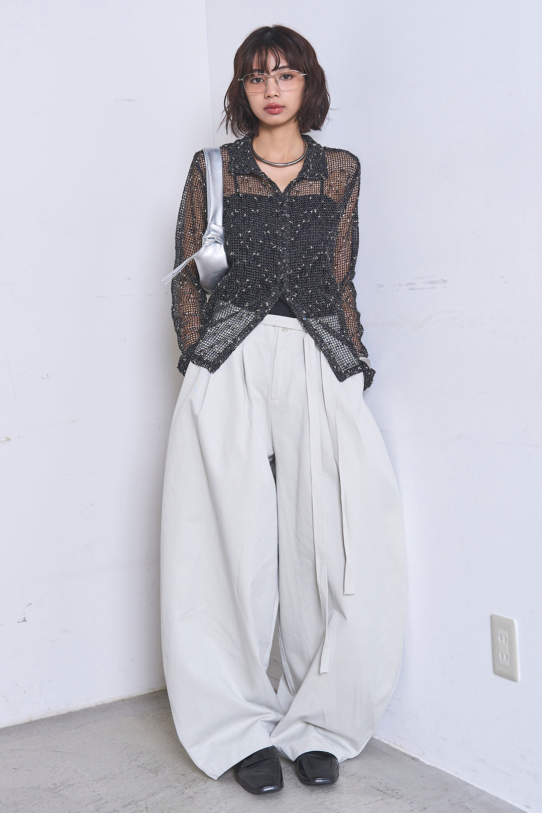 [SET]ネップメッシュポロ襟カーディガン+紐ベルト付きカーブワイドパンツ(2set)