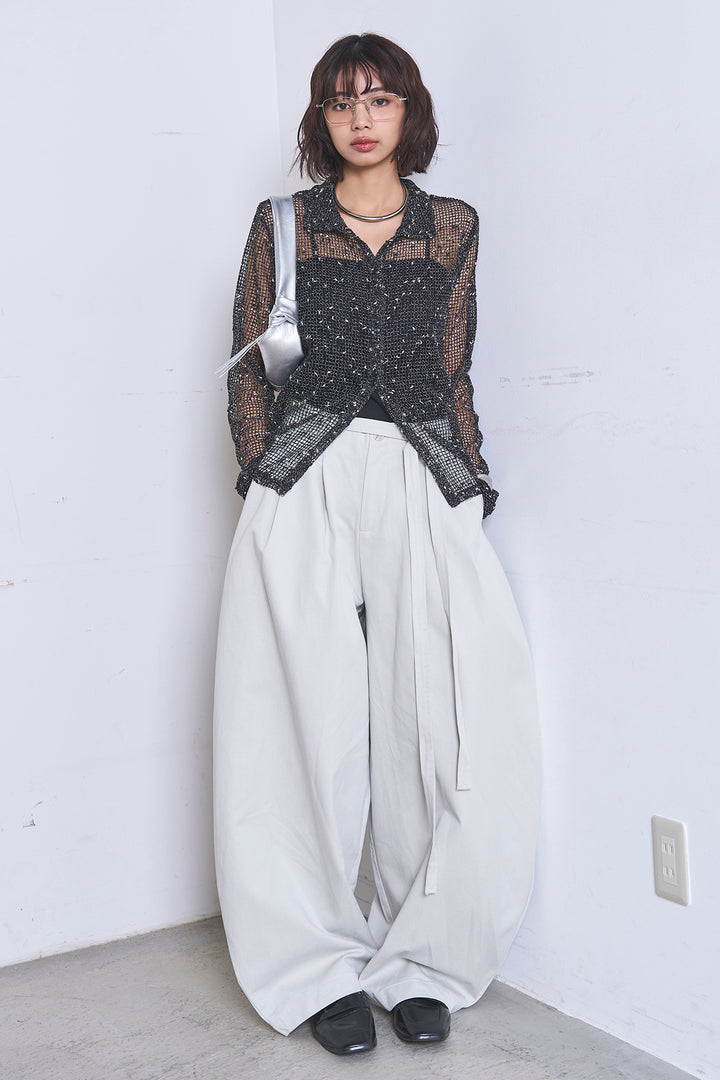 [SET]ネップメッシュポロ襟カーディガン+紐ベルト付きカーブワイドパンツ(2set)