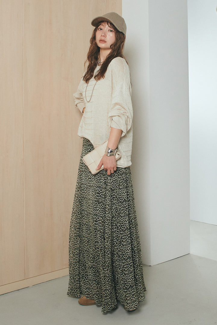 [SET]麻混リラックスニットトップス+リラックスレオパードロングスカート(2set)