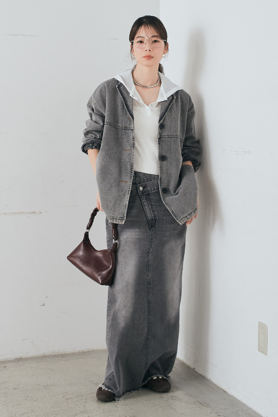 [SET]オーバーデニムジャケット+ウエストクロスデニムタイトスカート+シアーリブフーディプルオーバー(3set)