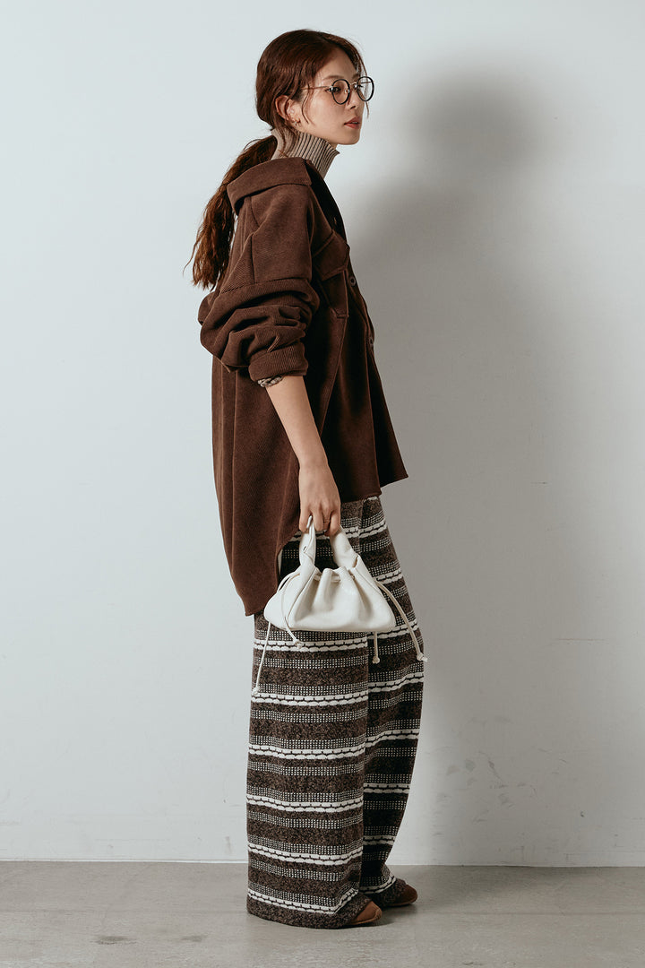 [SET]襟付きコーデュロイポケットシャツ+マルチライン柄リラックスニットパンツ(2set)