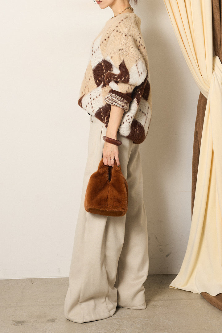 [SET]配色アーガイル柄ニットトップス+編みベルト付きワイドパンツ(2set)