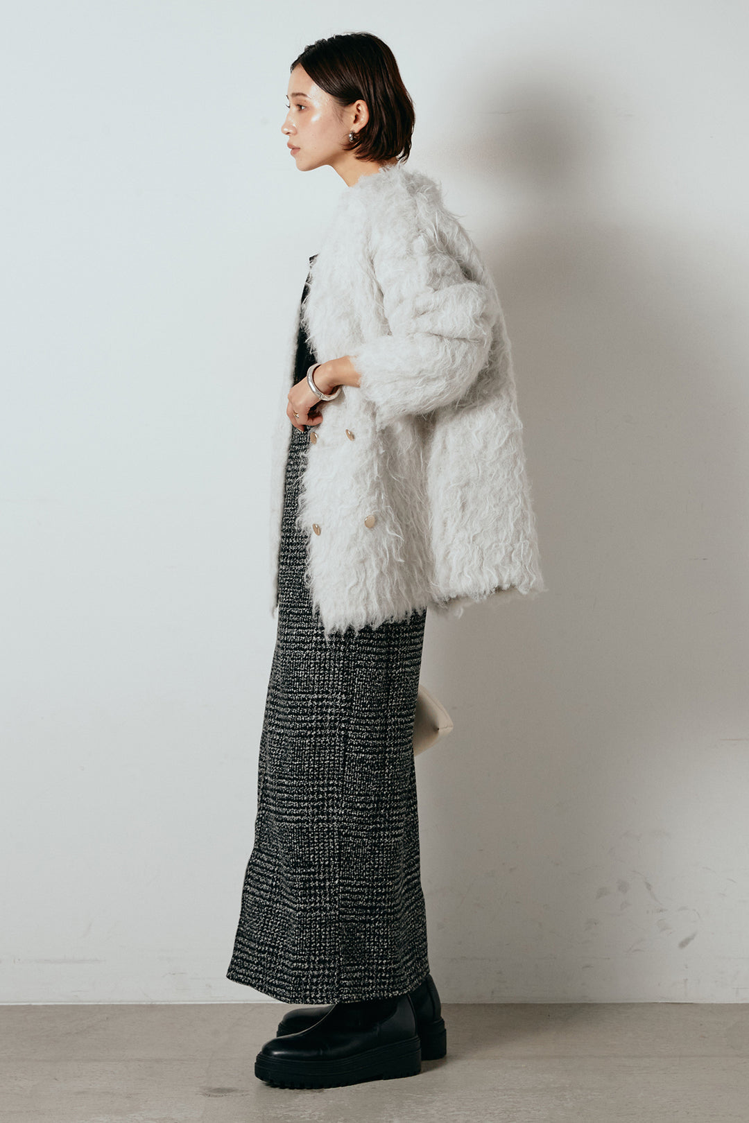 [SET]ウェーブシャギーニットジャケット+グレンチェック柄フロントジップタイトスカート(2set)