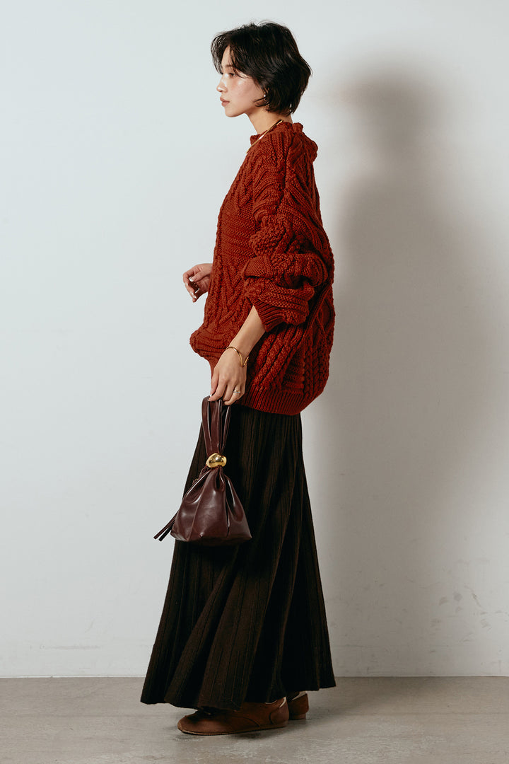 [SET]アラン柄ミックスケーブルニット+編み地切り替えフレアニットスカート(2set)