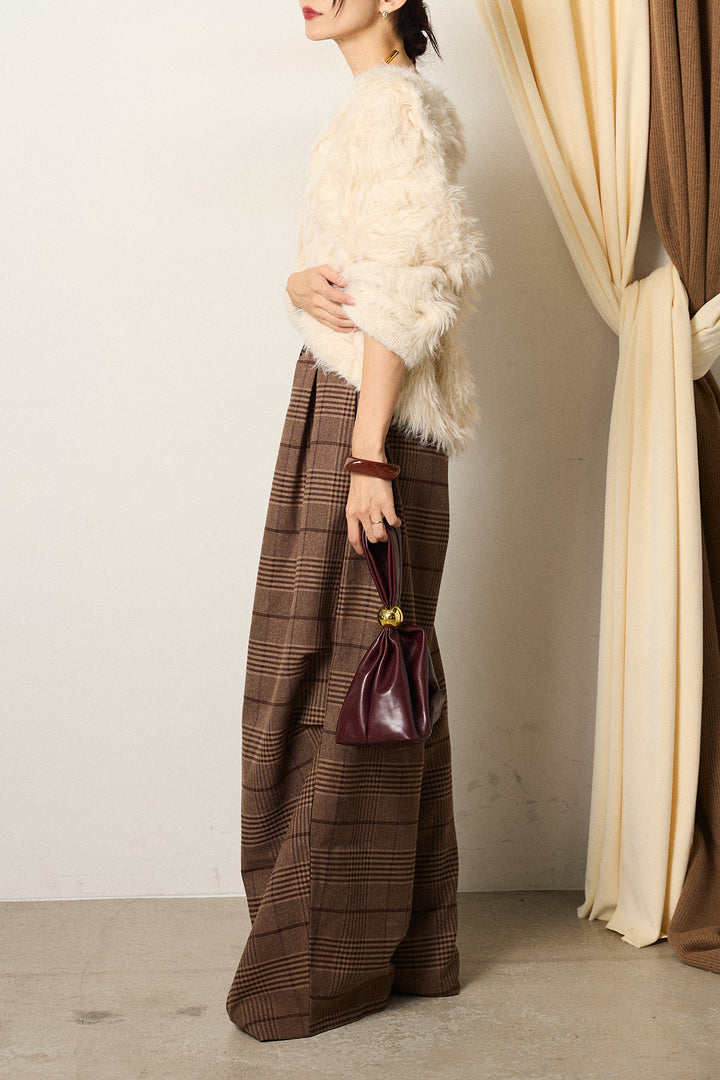 [SET]襟付きシャギーニットカーディガン+グレンチェックルーズタックパンツ(2set)