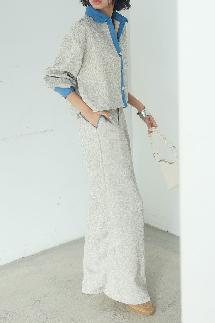 [SET]ツイード×デニムショート丈シャツ+ツイード×デニムハイウエストラインロングパンツ(2set)