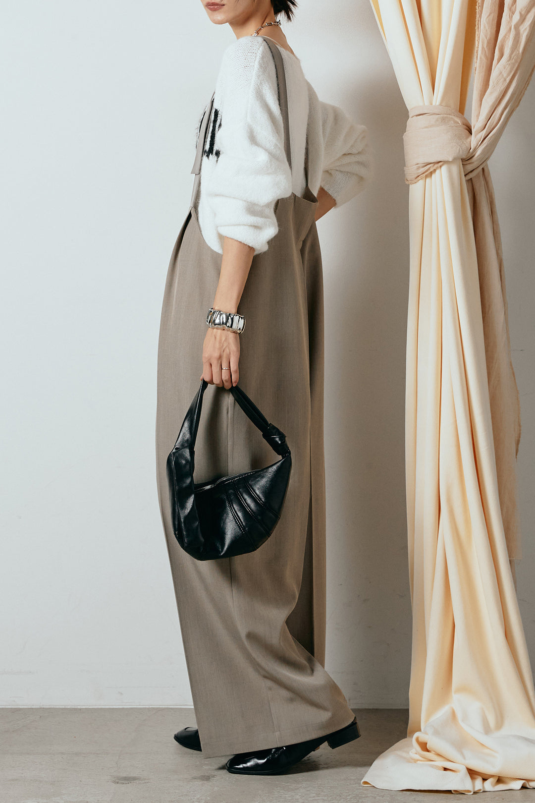 [SET]フロントロゴデザインニットトップス+ワイドツイルサロペット(2set)