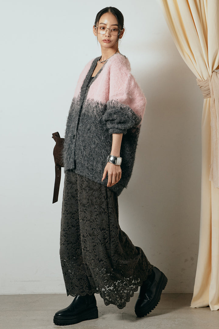 [SET]起毛グラデーションニットカーディガン+花柄刺繍ベロアフレアスカート(2set)