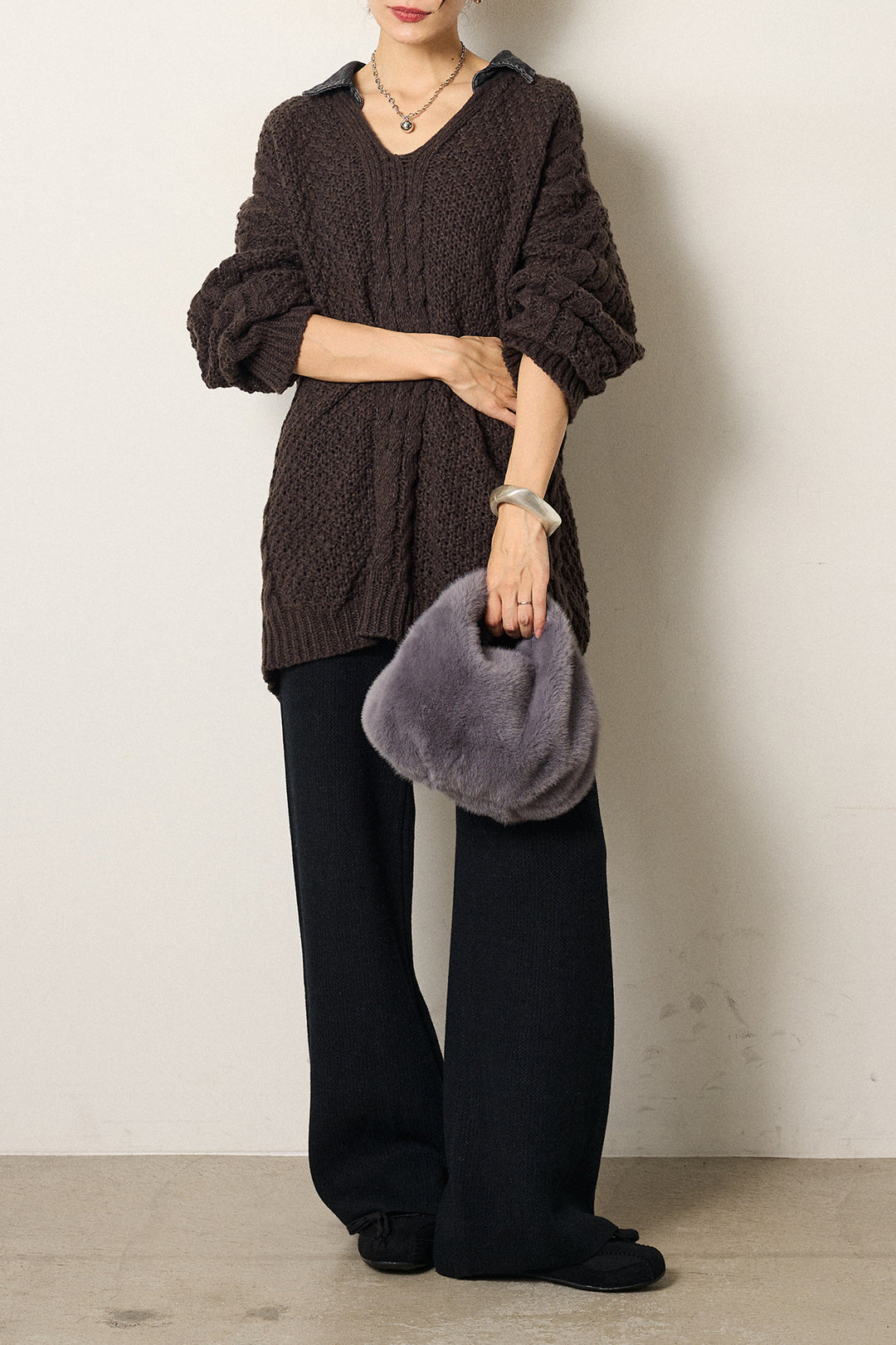 [SET]デニムカラーケーブルオーバーニット+ワイドリブニットイージーパンツ(2set)