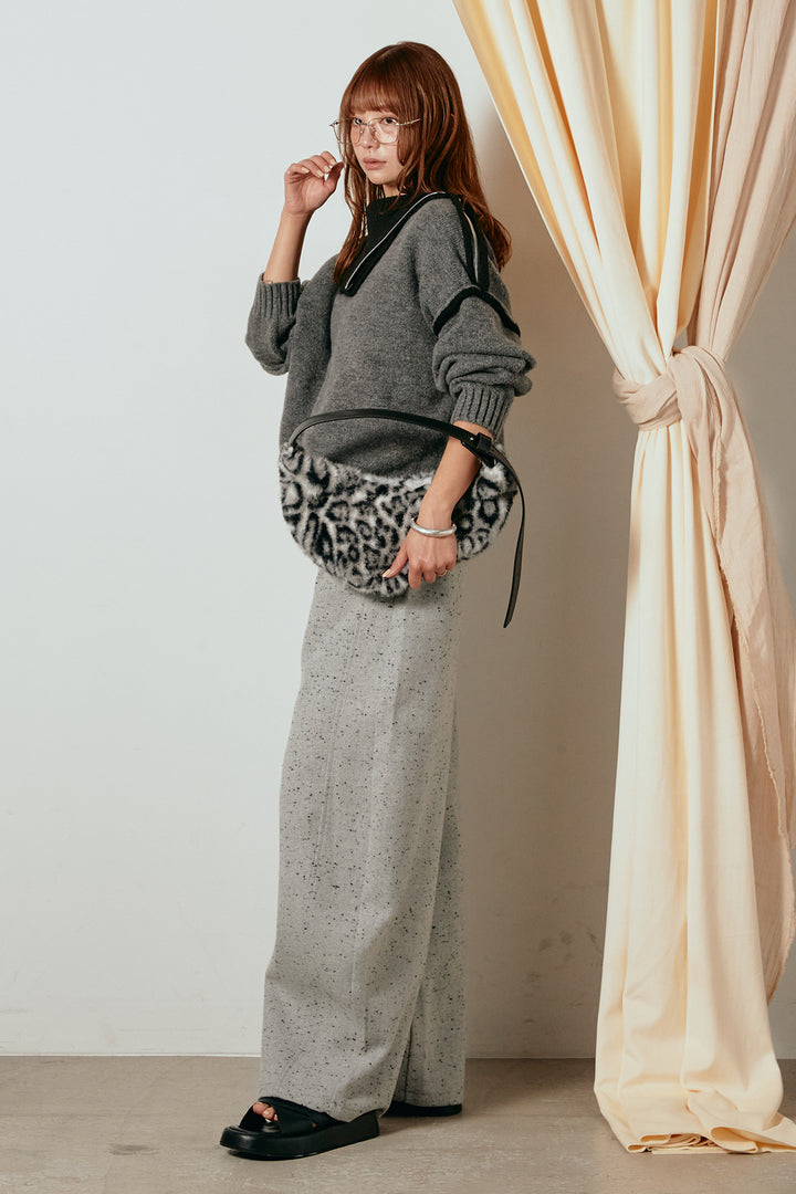 [SET]ハイネックジップデザインニットトップス+ベルト付きネップツイードカーブパンツ(2set)