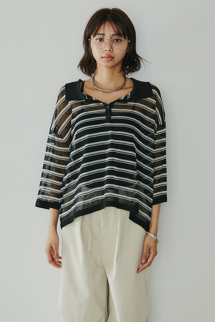 [SET]ボーダーニットポロシャツ+サイドベルトカーブワイドパンツ(2set)