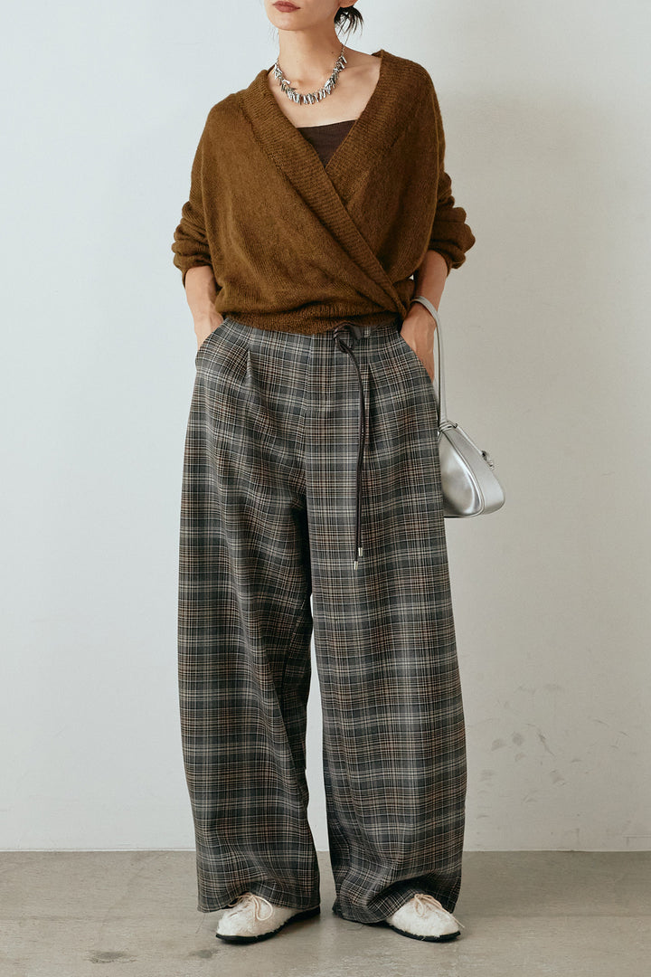 [SET]カシュクールデザインニット+編みベルト付きタータンチェックワイドパンツ(2set)