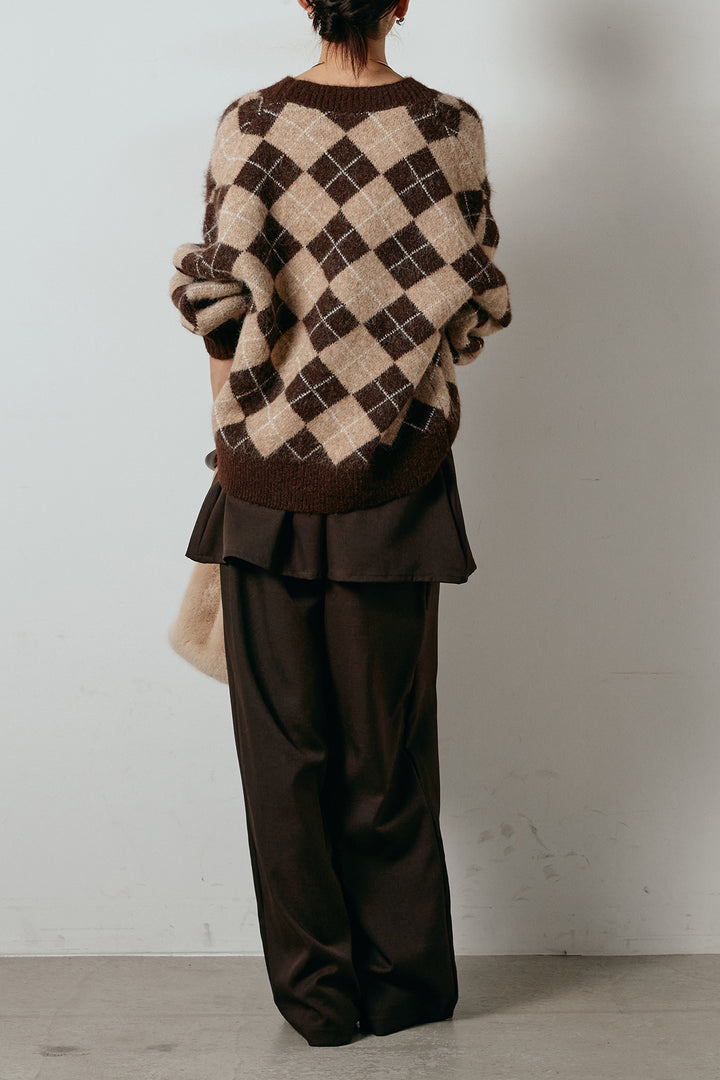 [SET]オーバーサイズ総柄Vネックニットカーディガン+ベルト付きウエストデザインパンツ(2set)