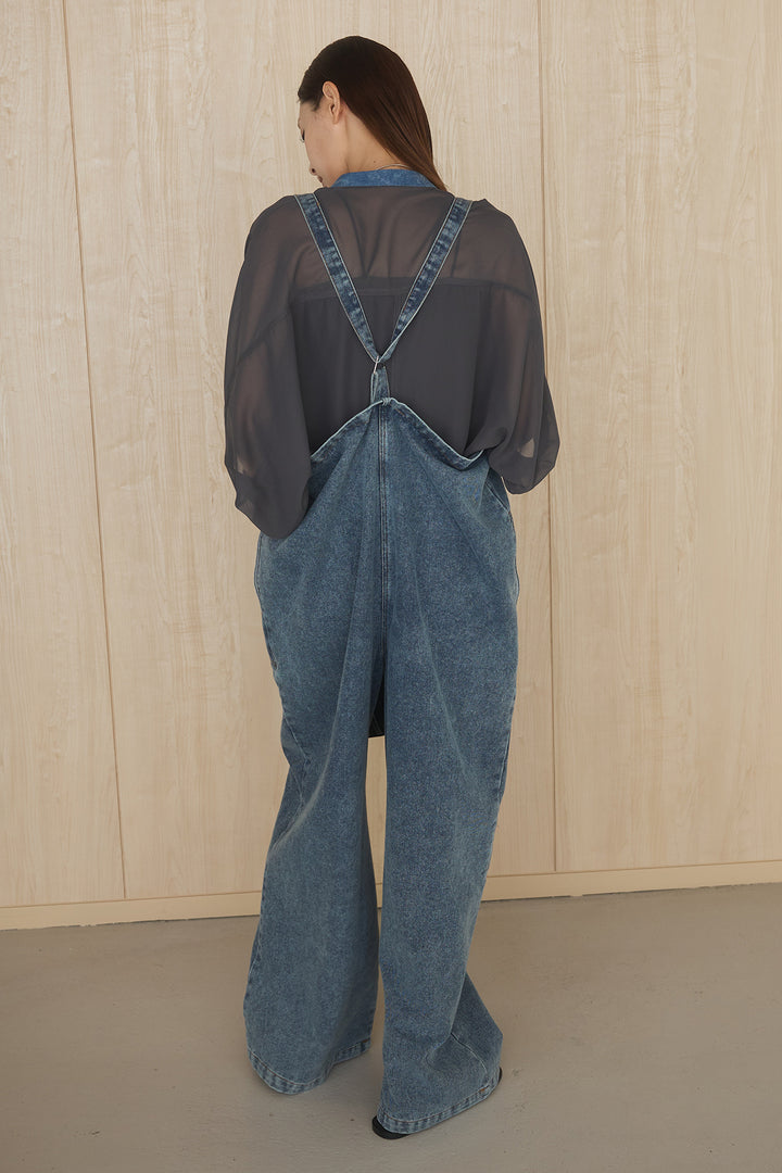 [SET]デニムライクビッグツーポケシアーシャツ+フロントボタンデニムサロペット(2set)