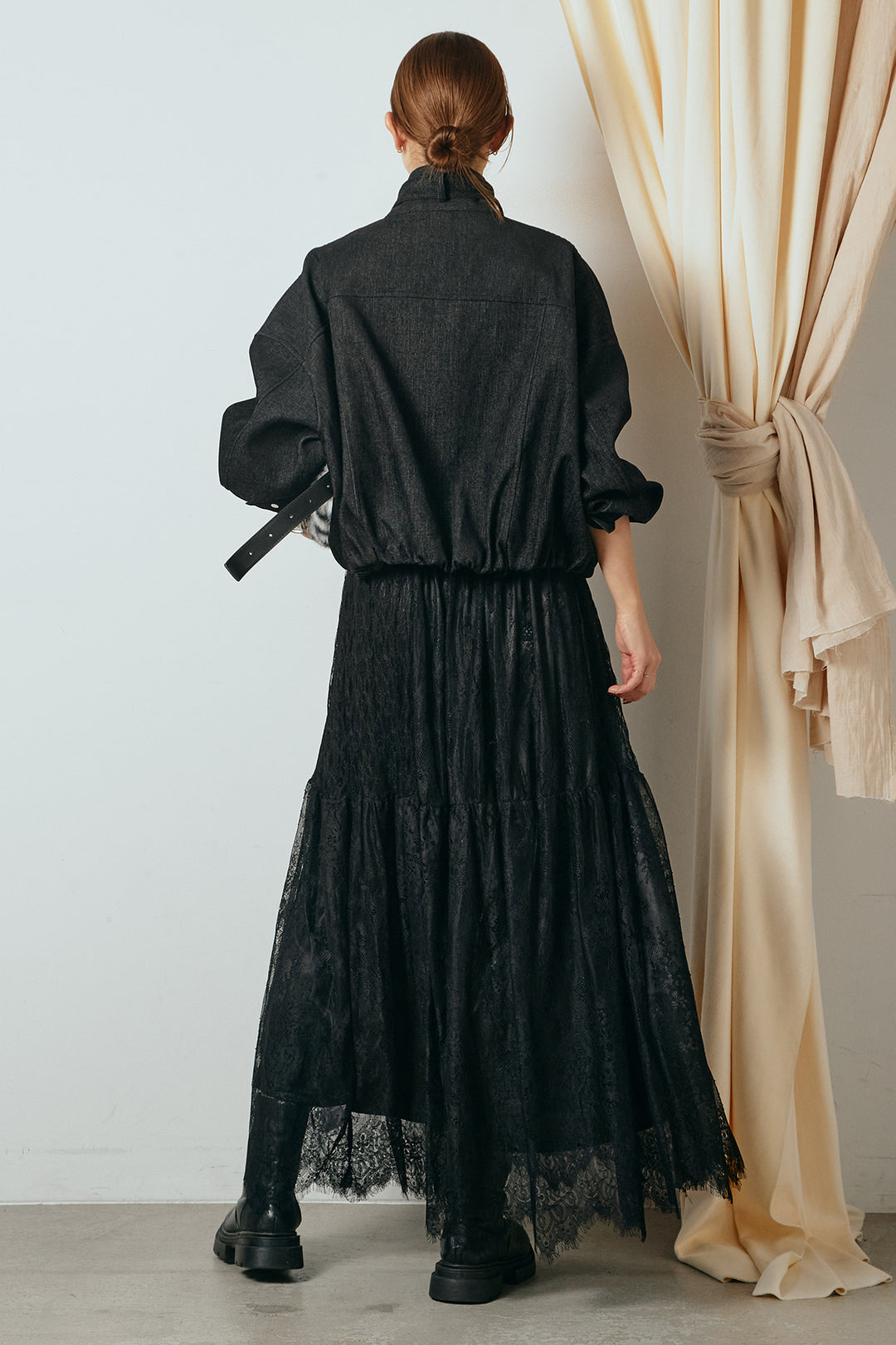 [SET]デニム調ハイネックブルゾン+ひげレース切替ロング丈スカート(2set)