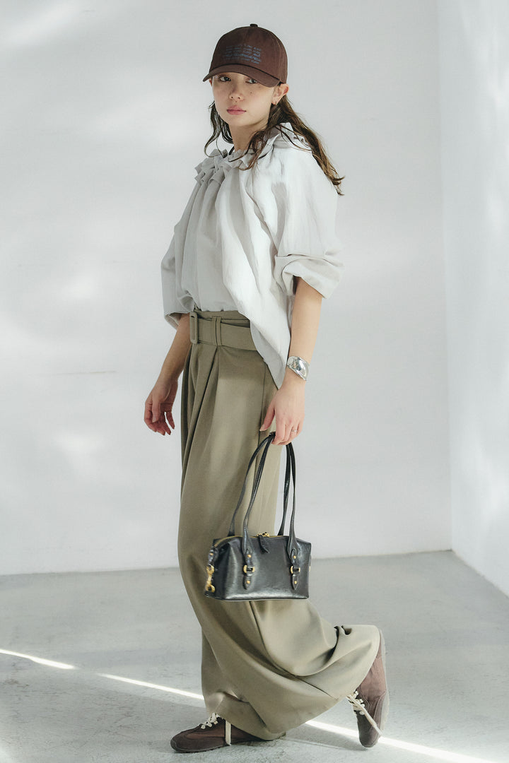 [SET]ネックフリルデザインブラウス+ベルト付きツータックワイドパンツ(2set)