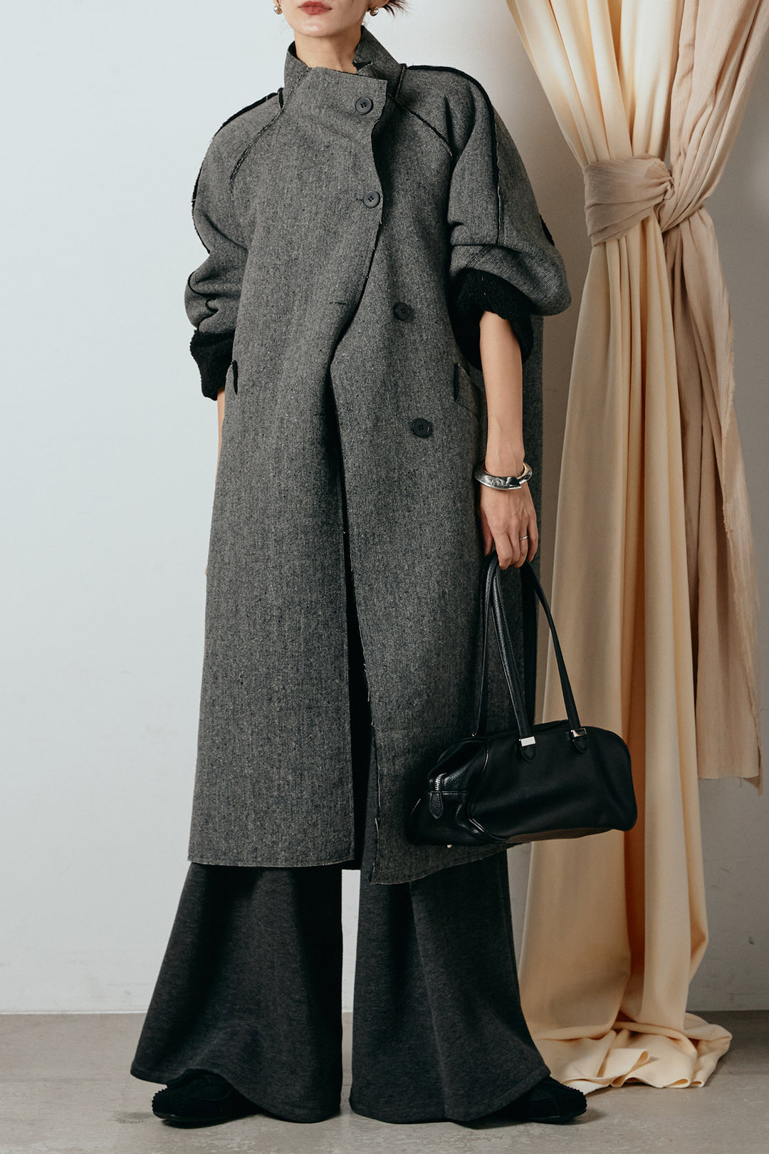 [SET]裏地ボアハイネックロングアウター+フェイクレザー太ベルト付きタックワイドパンツ(2set)