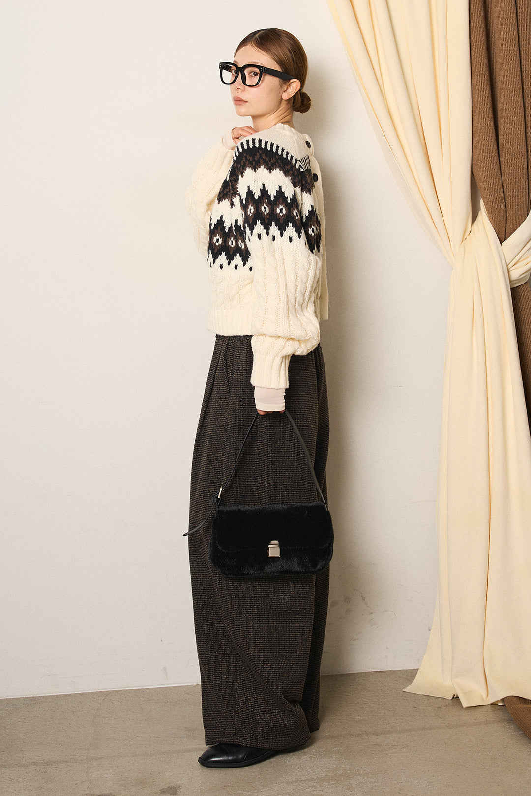 [SET]2WAY求心柄ジャガードショートカーディガン+起毛タック入りツイードワイドパンツ(2set)