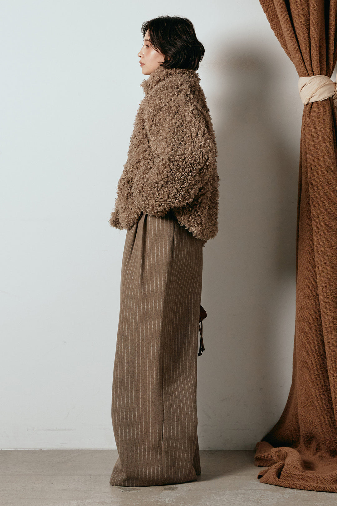 [SET]プードルファーミドルジャケット+ウールライクストライプパンツ(2set)