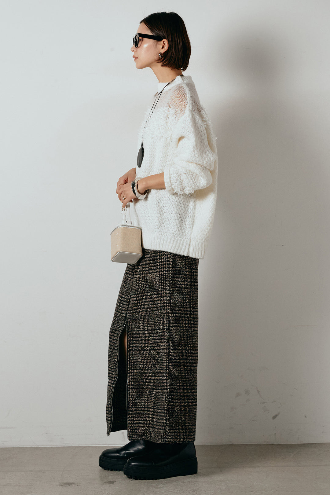 [SET]パターンランダム編みニットトップス+グレンチェック柄フロントジップタイトスカート(2set)