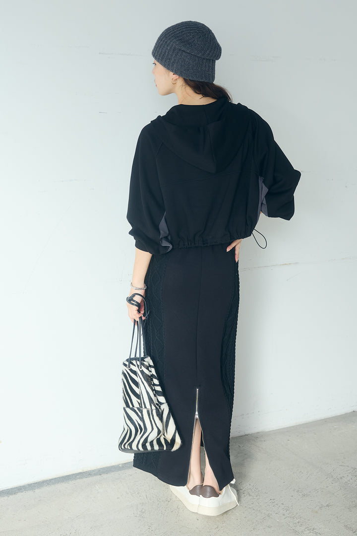 [SET]ドルマンショートフーディー+異素材ドッキングケーブルニットスカート(2set)