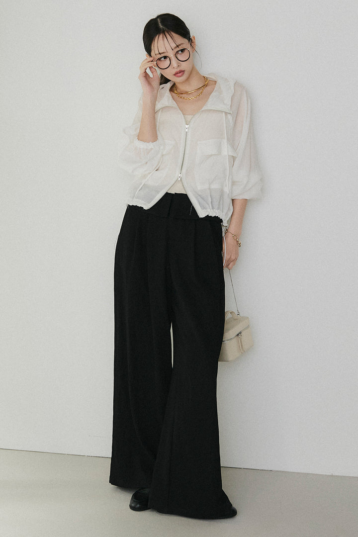 [SET]裾ドロストシアーWジップフーディーブルゾン+ウエスト折り返しワイドパンツ(2set)