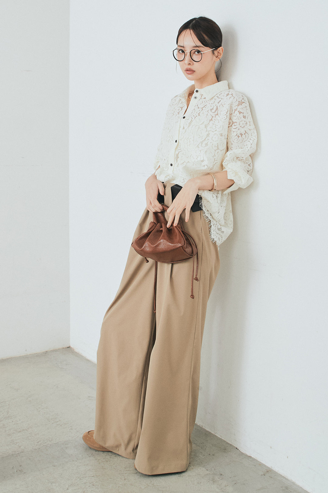 [SET]レース裾スカラップシャツ+ベルトループデザインハイウエストタックパンツ(2set)