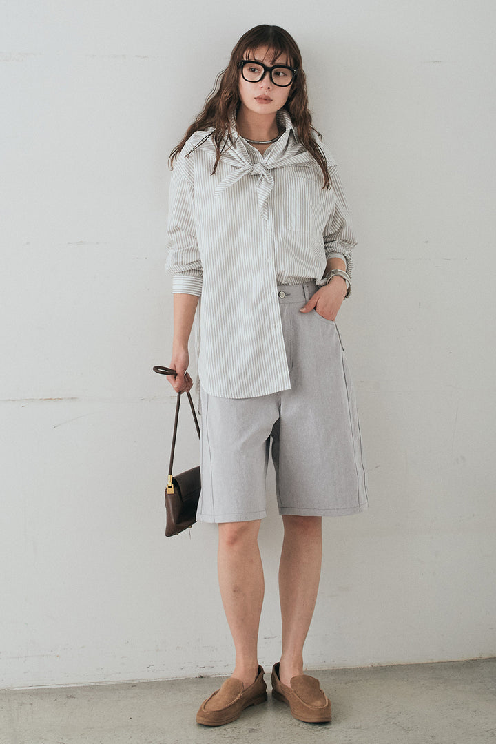 [SET]ランダムストライプスカーフ付きシャツ+デニムハーフパンツ(2set)