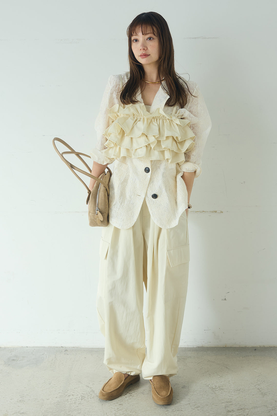 [SET]刺繍シアーテーラードジャケット+撥水フリルビスチェ+撥水ジョガーパンツ(3set)