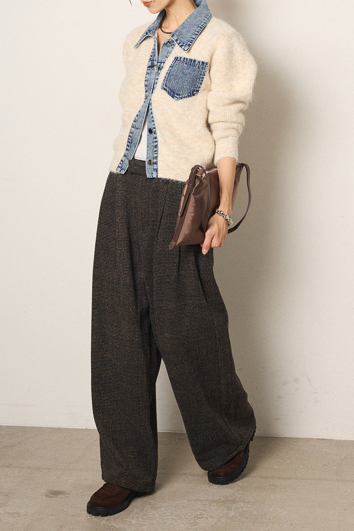 [SET]襟付きデニム切替ニットカーディガン+起毛タック入りツイードワイドパンツ(2set)