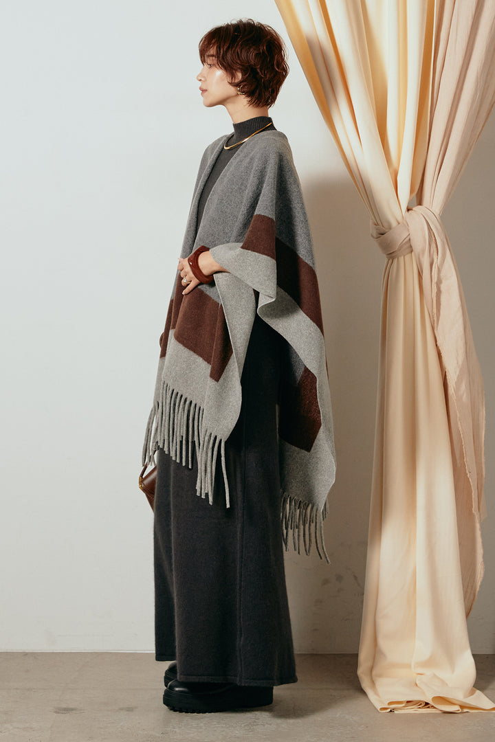 [SET]裾フリンジ柄ポンチョアウター+ノースリーブニットロングワンピース(2set)