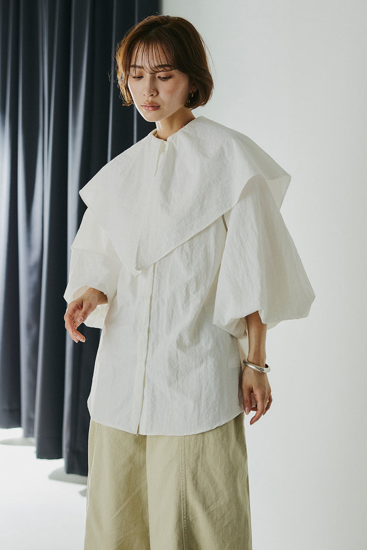 [SET]ケープカラーナイロンブラウス+配色ショルダーデニムサロペットスカート(2set)