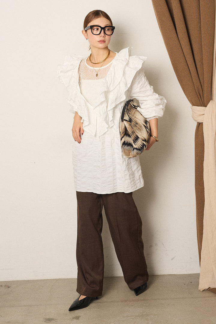 [SET]Vネックフリルカラーブラウス+ツイルスプリングカラータックパンツ+ストレッチレースクルーネックインナー(3set)