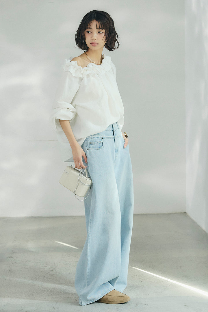 [SET]ネックフリルデザインブラウス+ウエスト裁ち切りデニムワイドパンツ(2set)