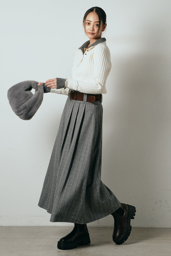 [SET]レイヤード風リブニットトップス+太ベルト付きヘリンボーンプリーツスカート(2set)