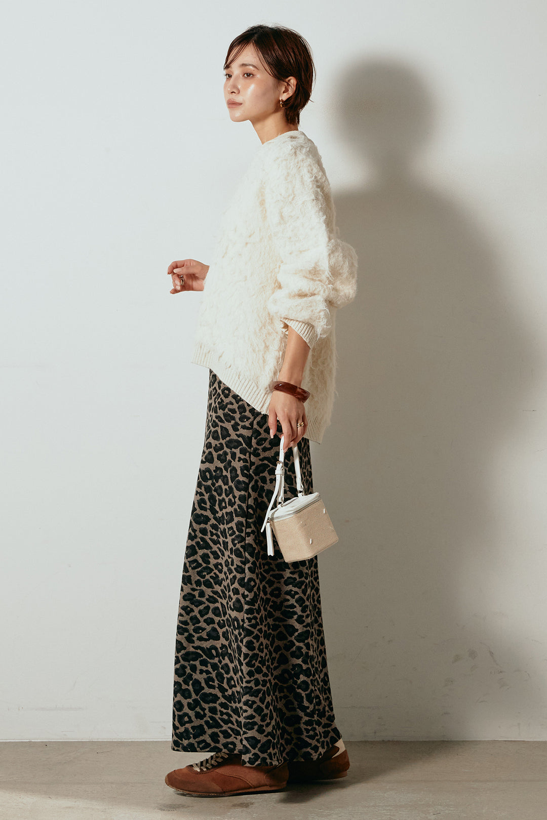 [SET]襟付きシャギーニットポロトップス+レオパードロングスカート(2set)