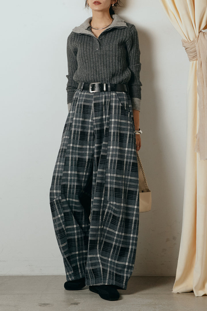 [SET]レイヤード風リブニットトップス+ベルト付きタータンチェックカーブワイドパンツ(2set)