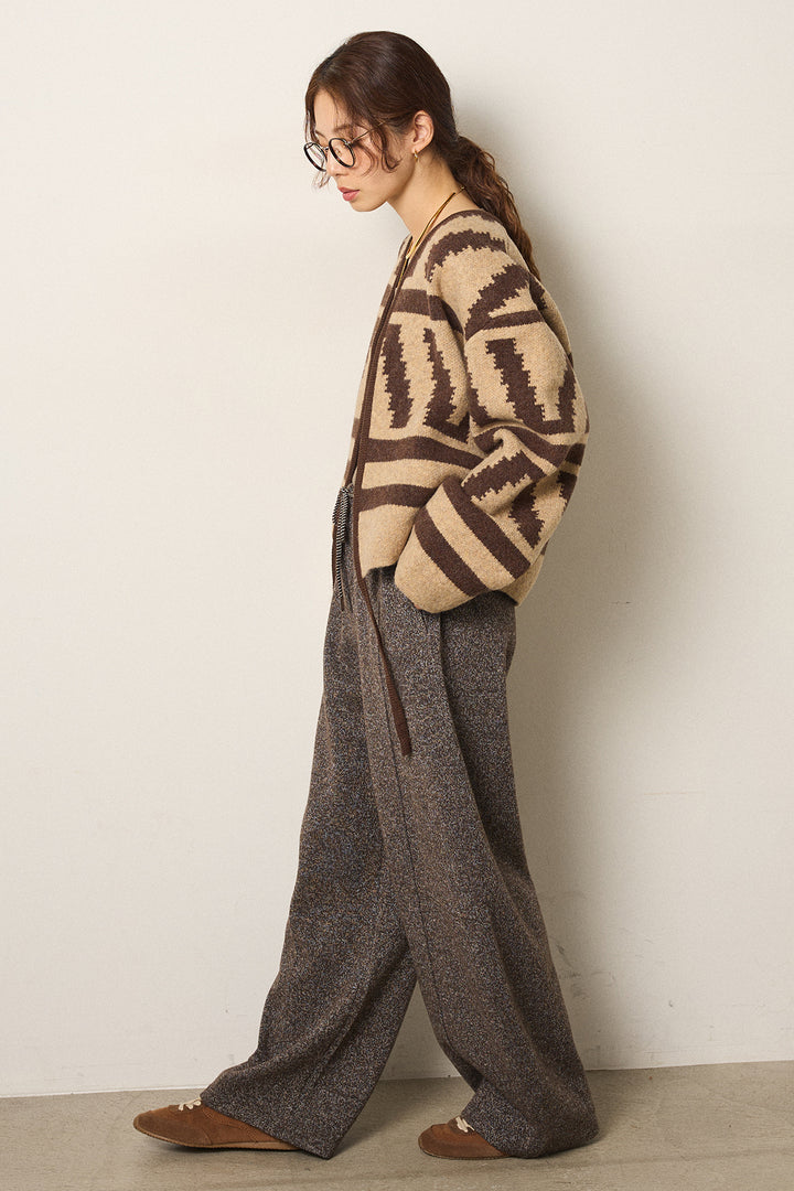 [SET]幾何学柄ノーカラーカーディガン+杢ニットフレアパンツ(2set)
