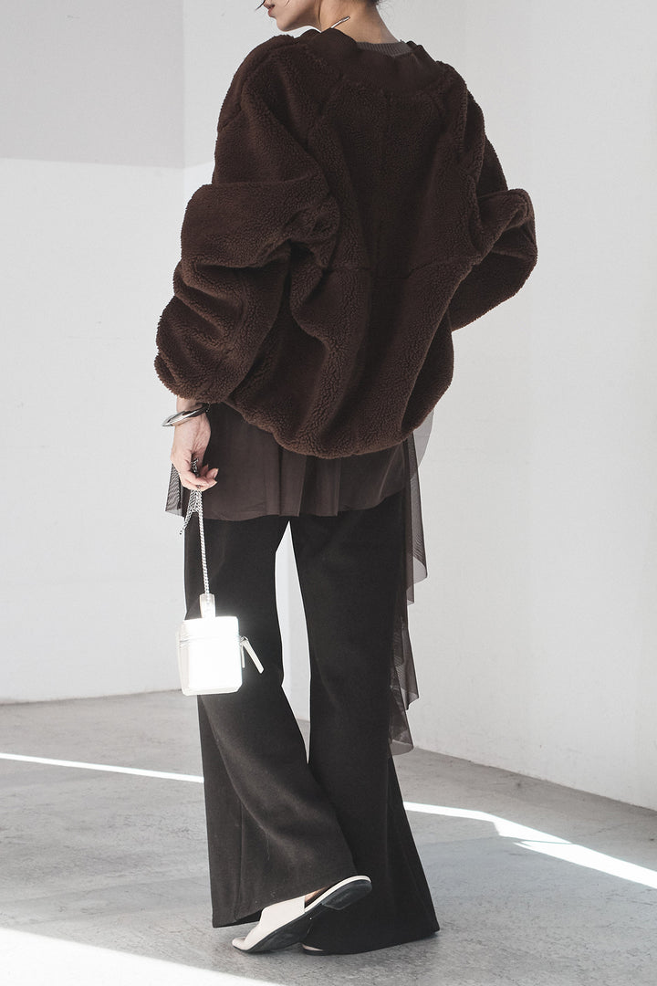 [SET]ノーカラーリブボアアウター+チュールレイヤードニットパンツ(2set)