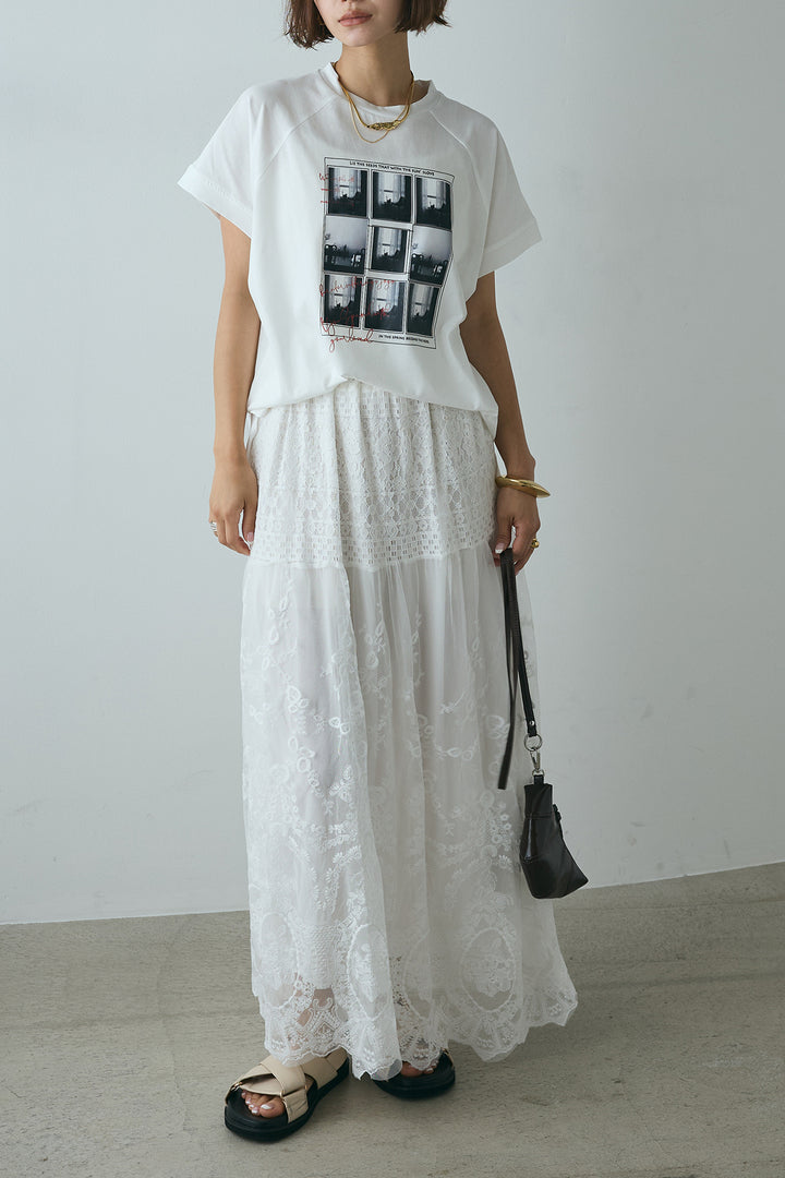 [SET]フォトプリントラグランTシャツ+ミックスレース刺繍スカート(2set)