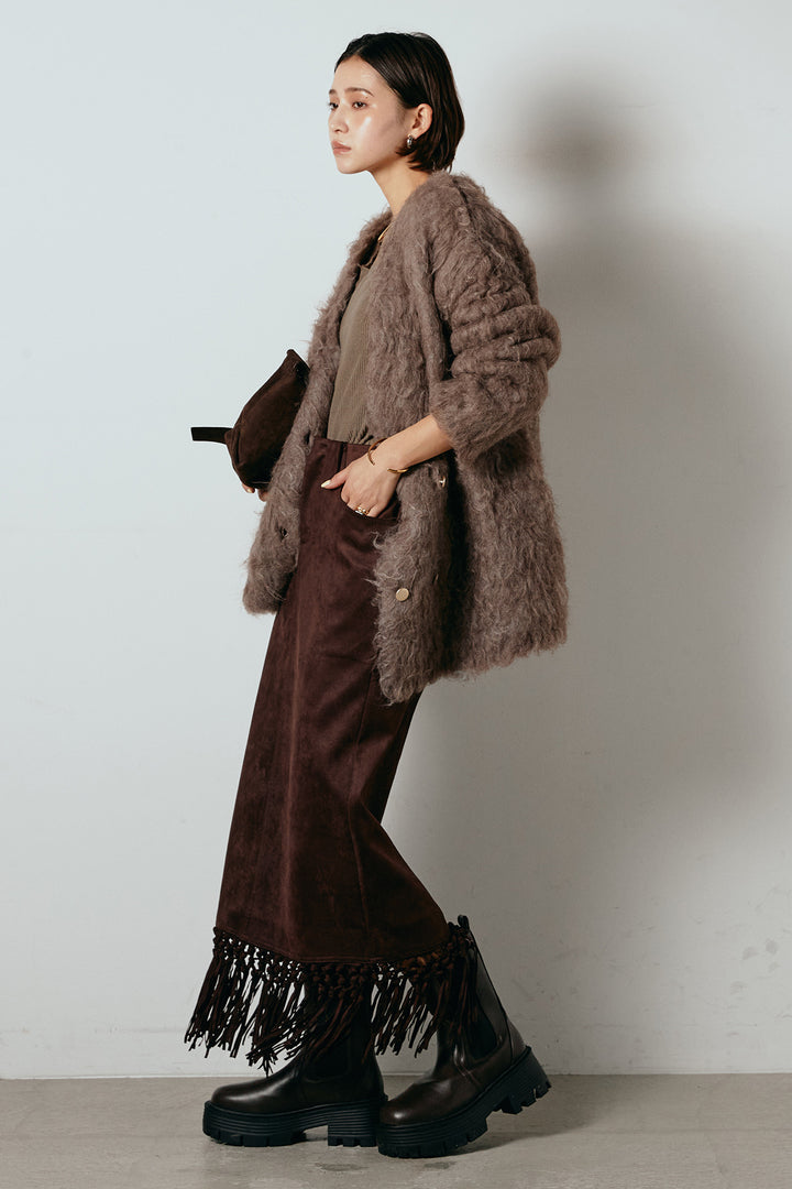 [SET]ウェーブシャギーニットジャケット+スウェードライク裾フリンジスカート(2set)