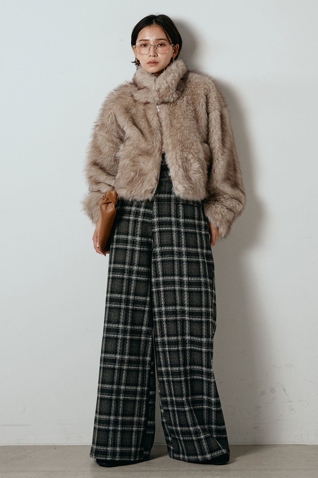 [SET]エコファーショート丈ブルゾン+ルーズタータンチェックワイドパンツ(2set)