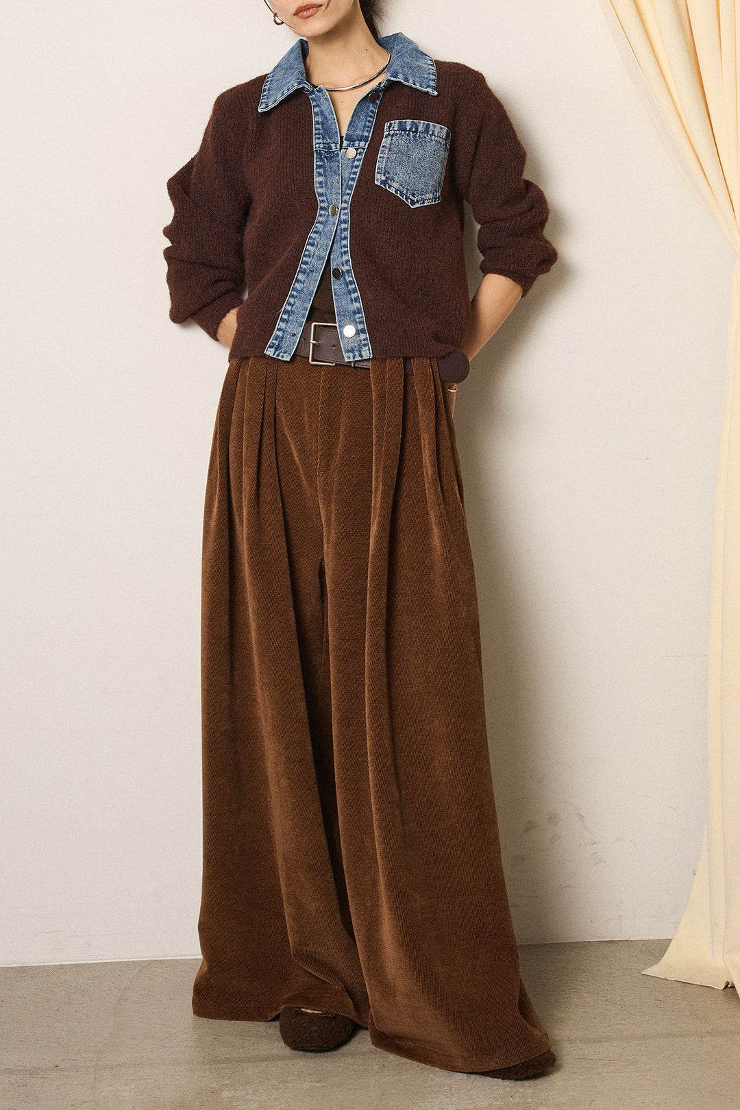[SET]襟付きデニム切替ニットカーディガン+ベルトループコーデュロイワイドパンツ(2set)