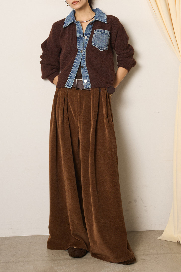 [SET]襟付きデニム切替ニットカーディガン+ベルトループコーデュロイワイドパンツ(2set)