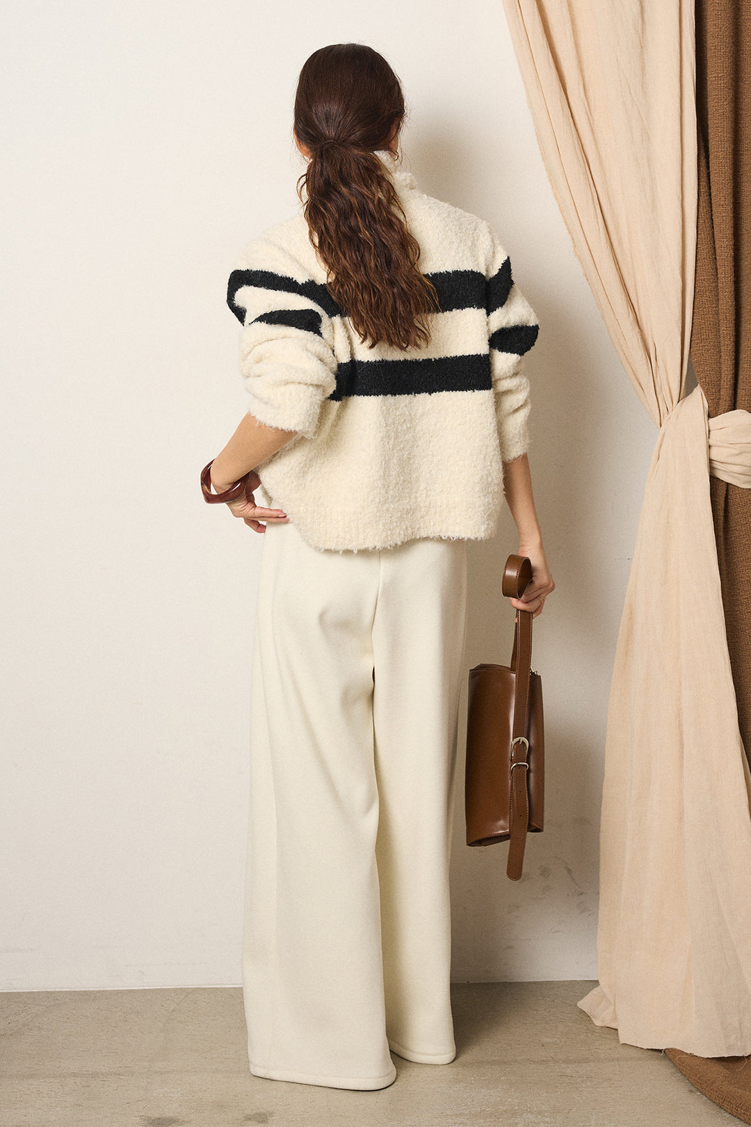 [SET]ハイネックボーダーニットカーディガン+フェイクレザー太ベルト付きタックワイドパンツ(2set)